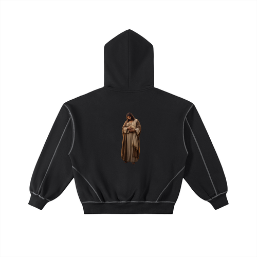 Contrast-Stitched Boxy Fleece Zip Hoodie